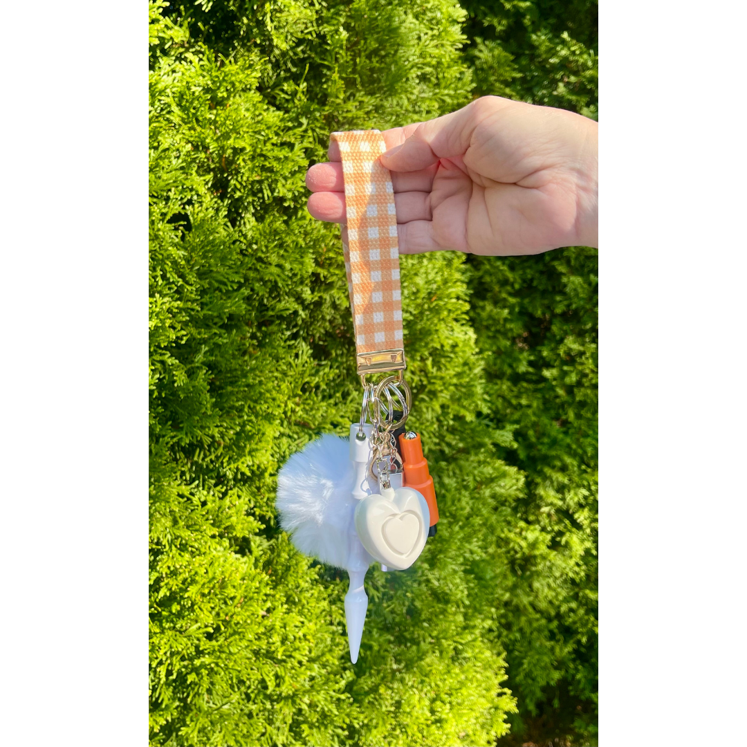 Orange & White Plaid Wristlet Safety Keychain