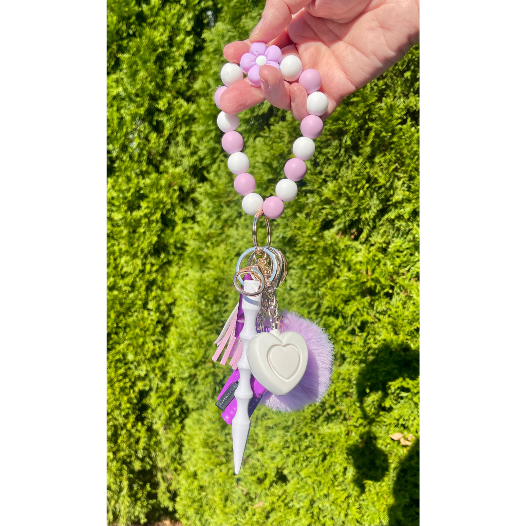 Lavender Flower Beaded Wristlet Safety Keychain