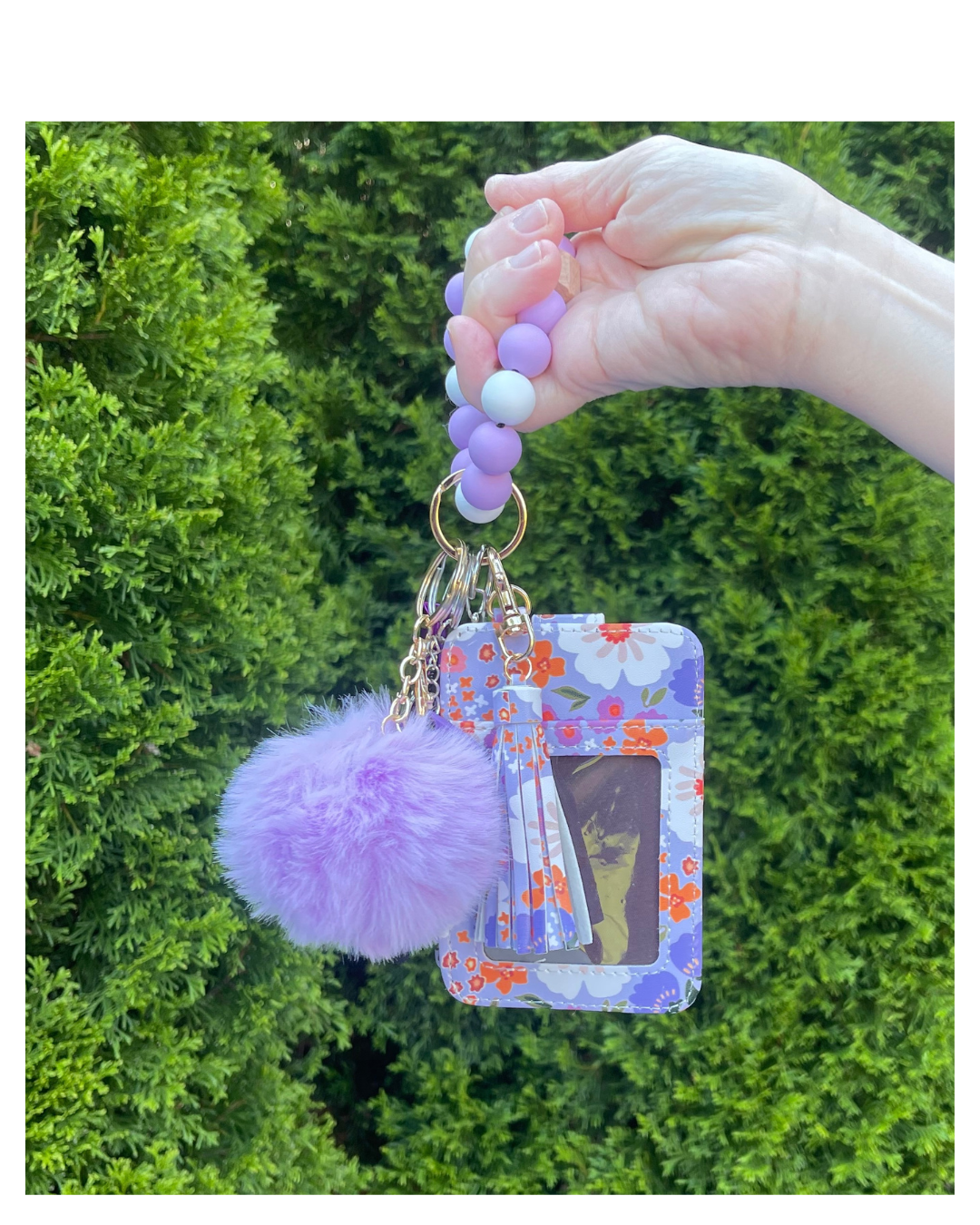 Violet Bloom Beaded Wristlet with Card Wallet Safety Keychain