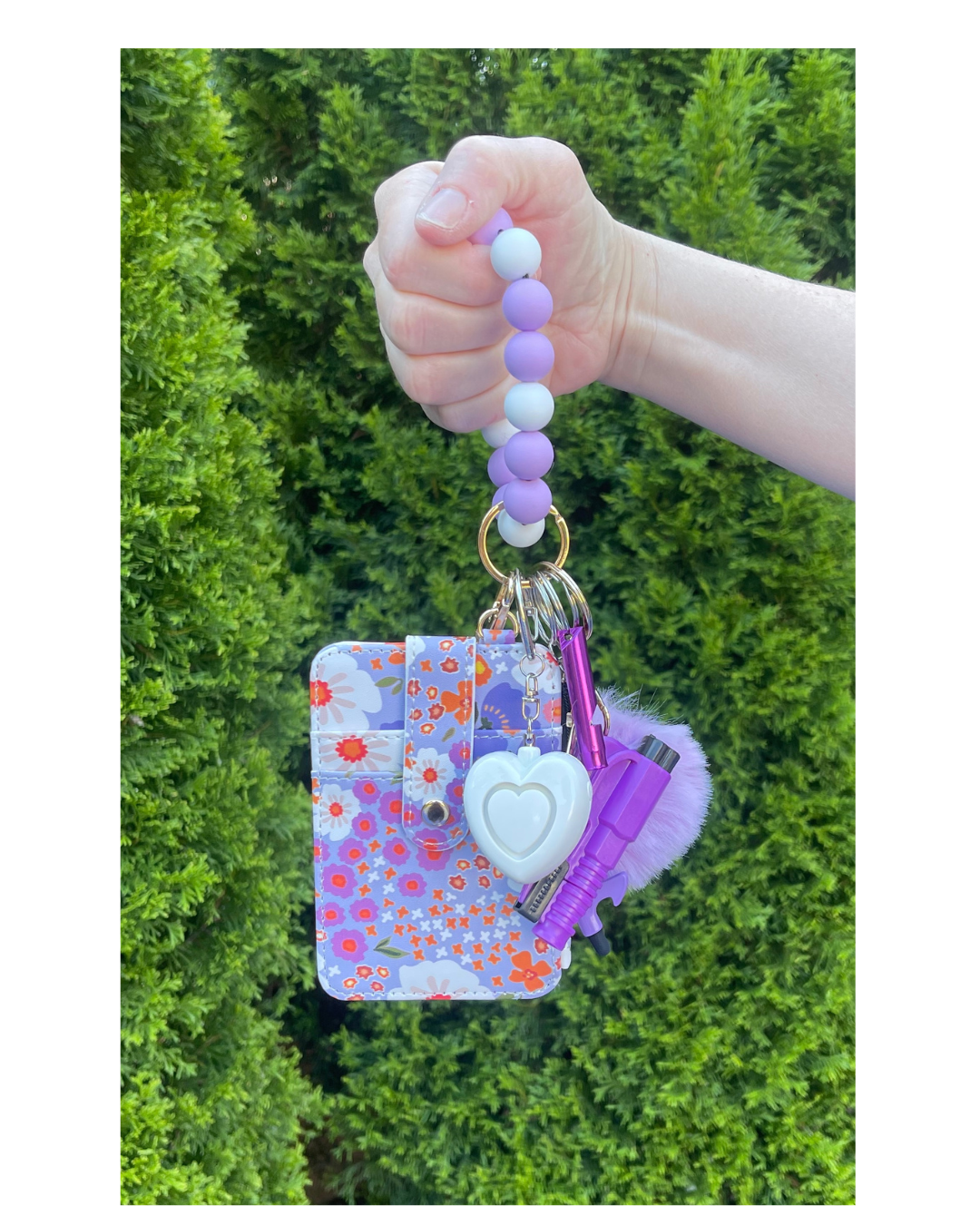Violet Bloom Beaded Wristlet with Card Wallet Safety Keychain