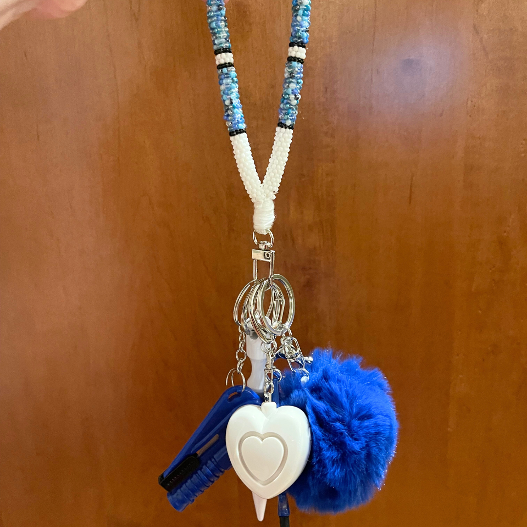 Blue & White Beaded Wristlet Safety Keychain