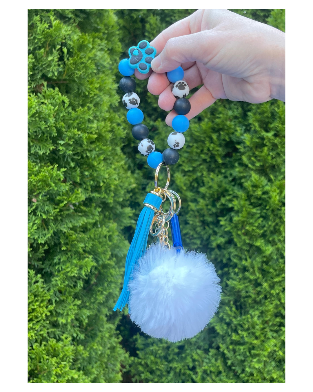 Blue Paw Print Beaded Wristlet Safety Keychain