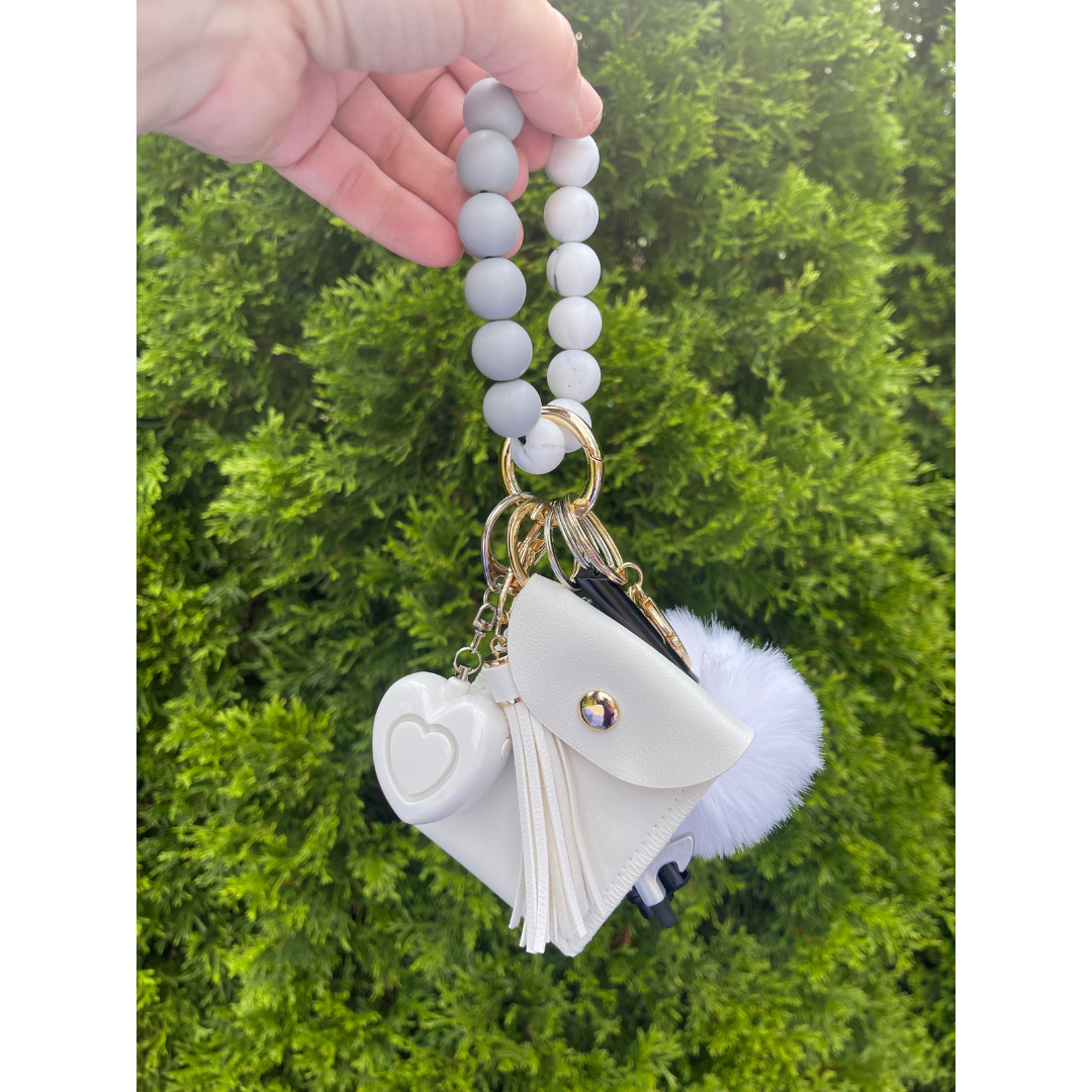 Ivory Beaded Wristlet With Card Wallet Safety Keychain