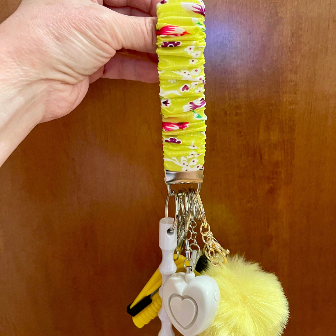 Yellow Floral Scrunchie Wristlet Safety Keychain