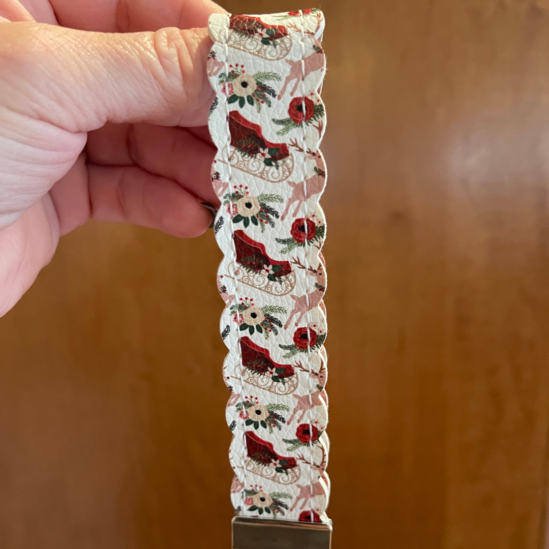 Vintage Christmas Sleigh Faux Leather Wristlet Safety Keychain