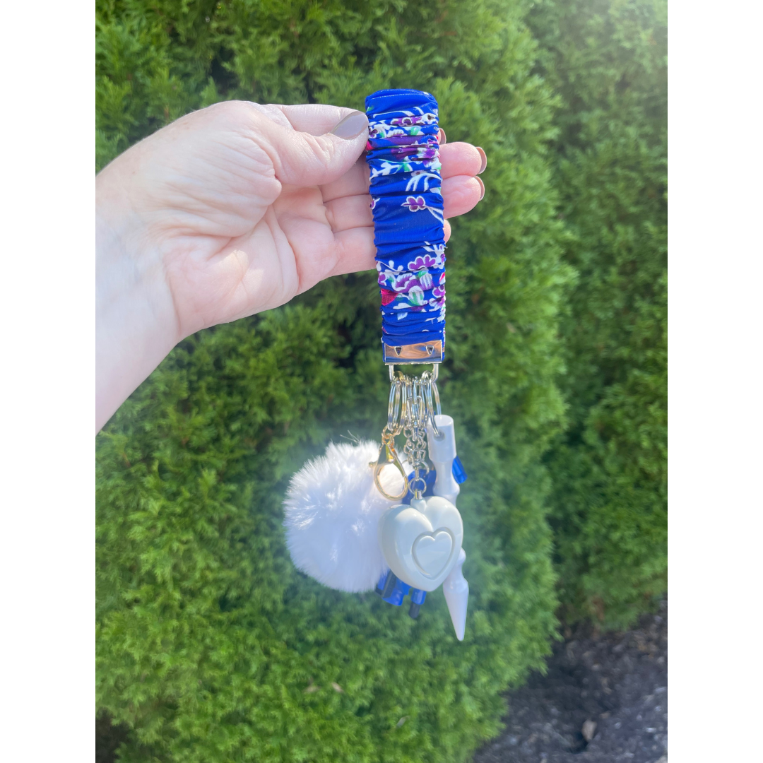 Blue Floral Scrunchie Wristlet Safety Keychain