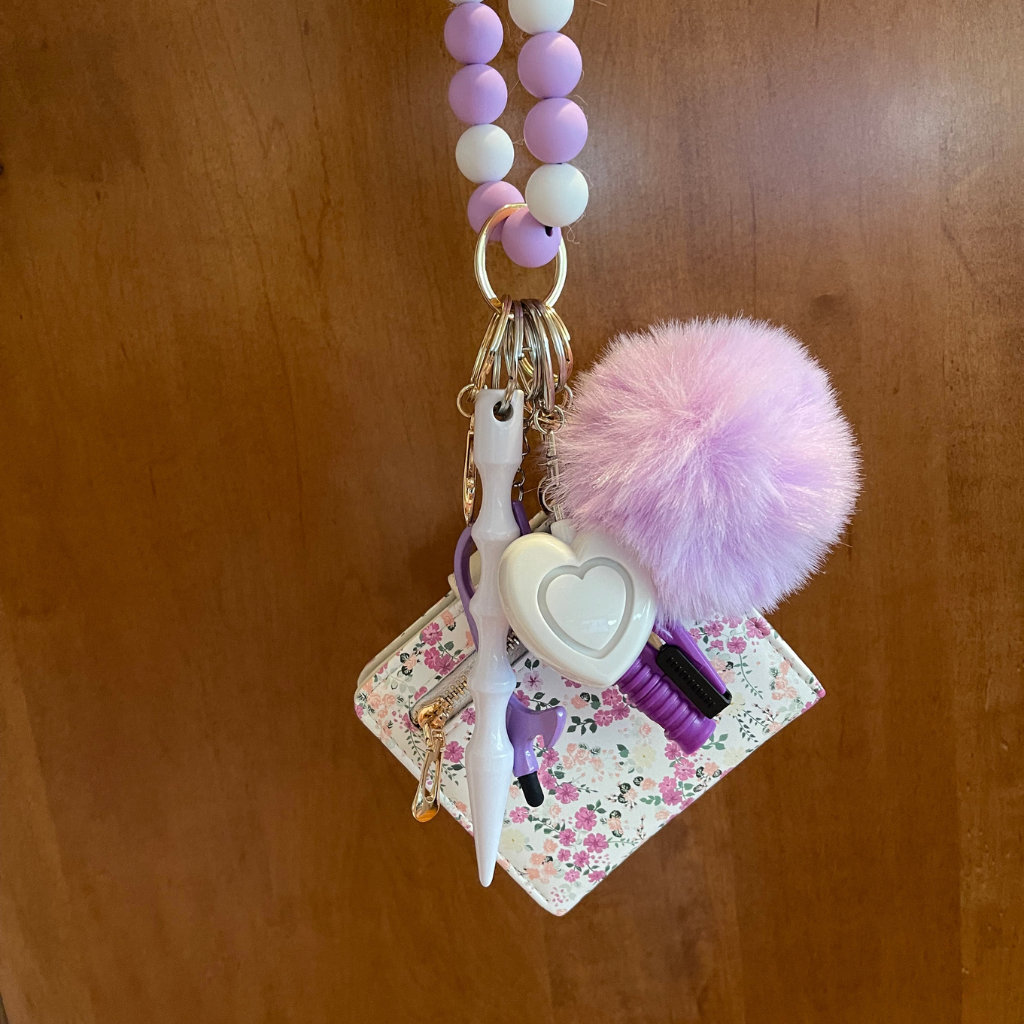 Purple Bloom Beaded Wristlet with Card Wallet Safety Keychain