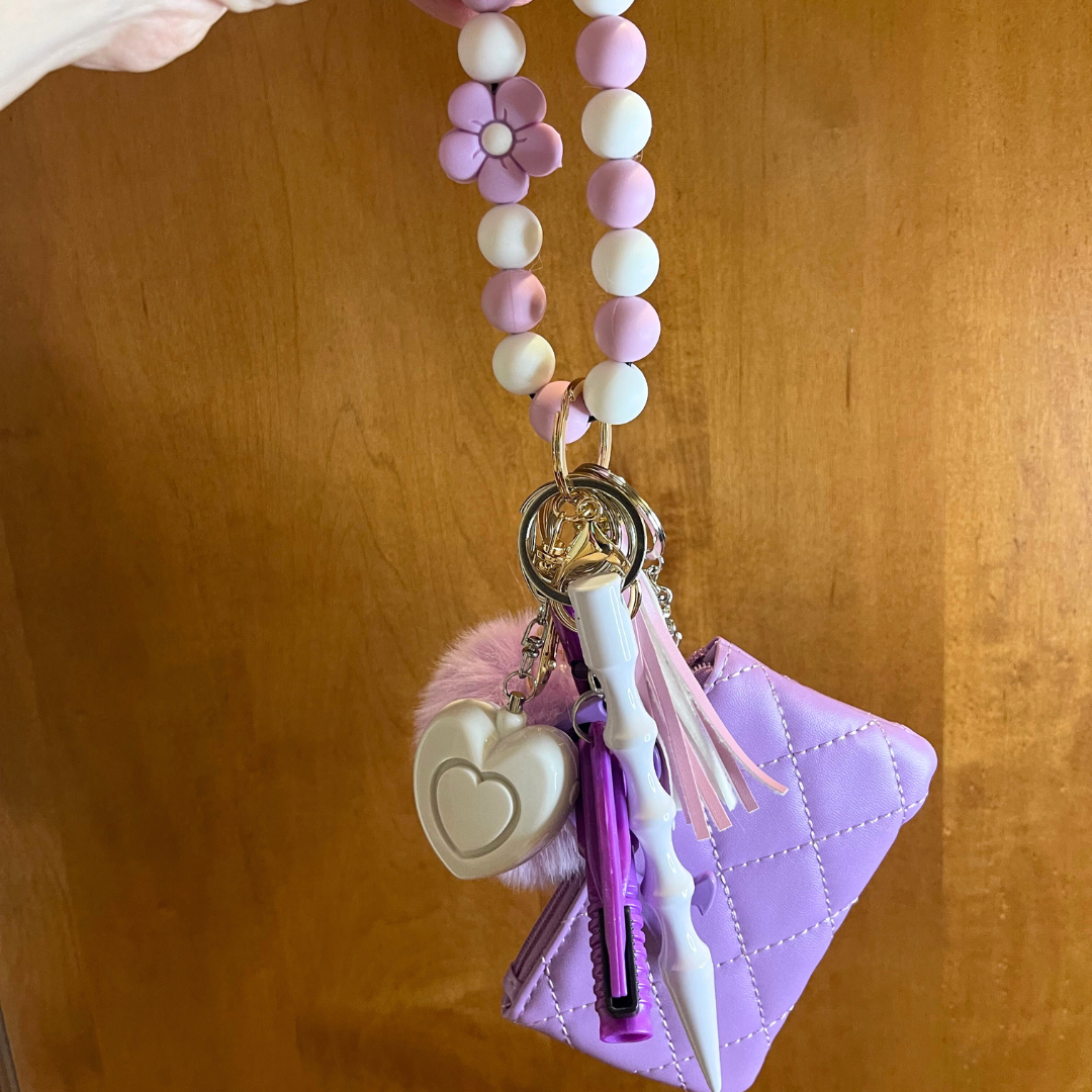 Lavender Flower Beaded Wristlet with Coin Wallet Safety Keychain