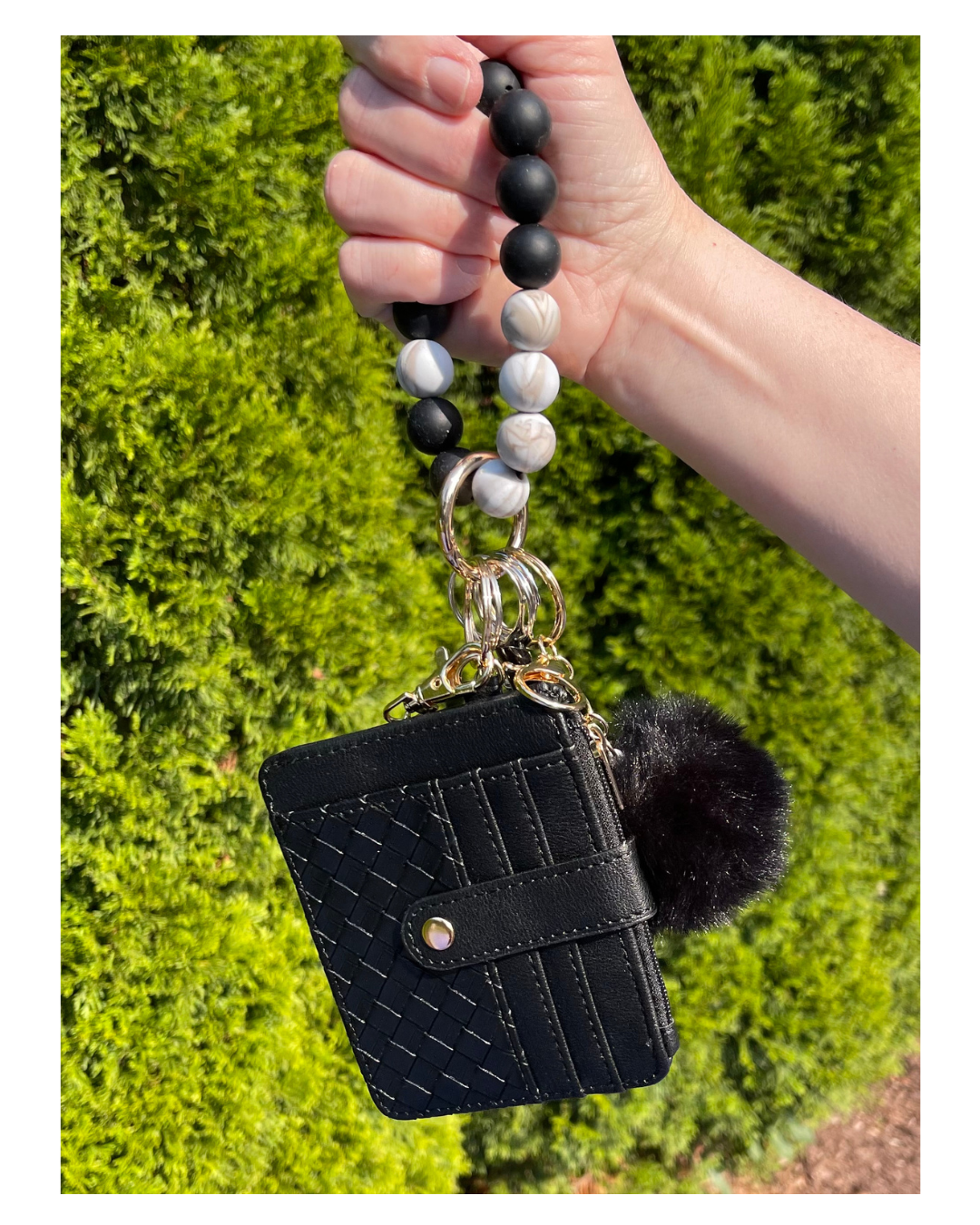 Onyx Loop Beaded Wristlet With Card Wallet Safety Keychain