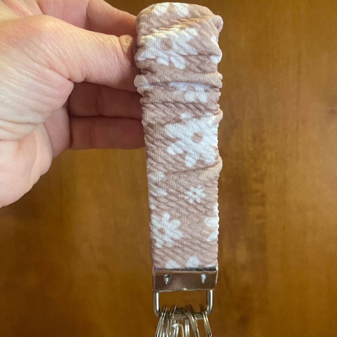 Tan Floral Scrunchie Wristlet Safety Keychain