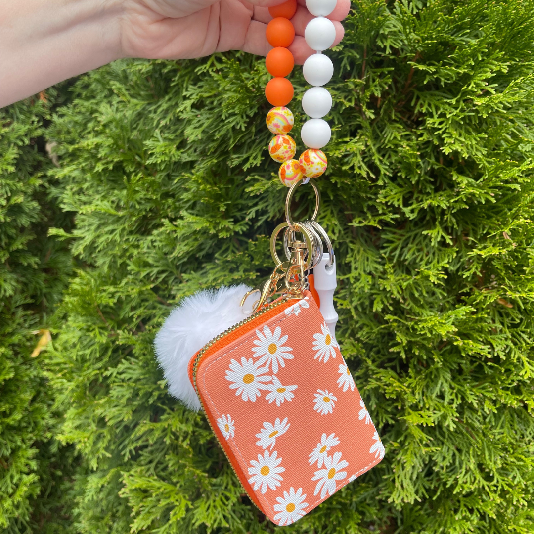 Orange and White Daisy Wristlet with Card Wallet Safety Keychain