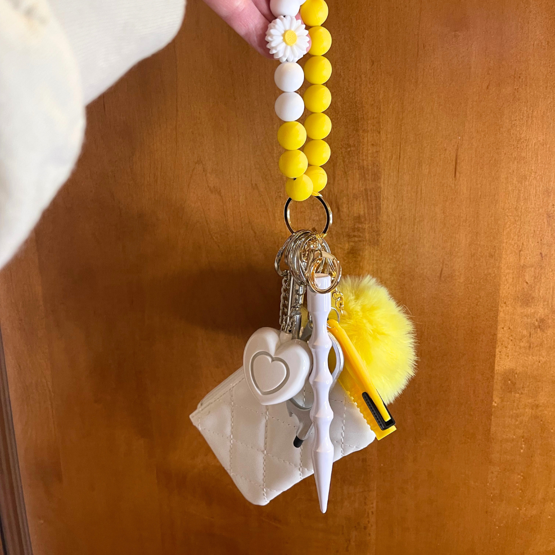 Daisy Beaded Wristlet with Coin Wallet Safety Keychain