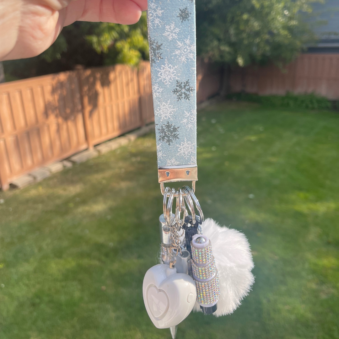 Sparkly Ice Blue Snowflake Wristlet Safety Keychain