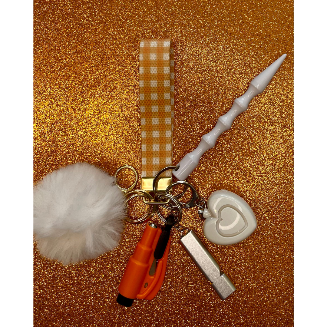 Orange & White Plaid Wristlet Safety Keychain