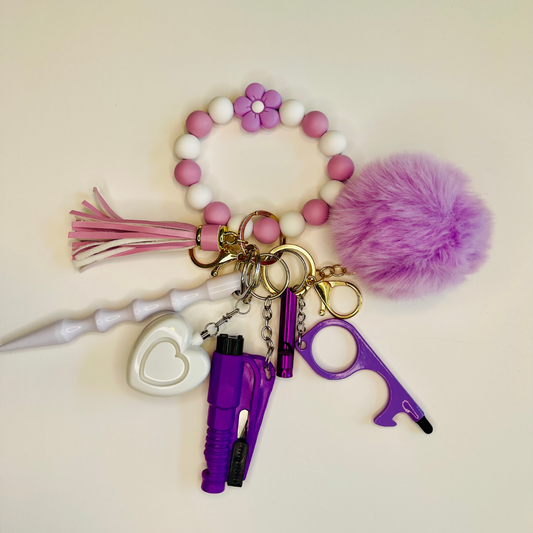 Lavender Flower Beaded Wristlet Safety Keychain