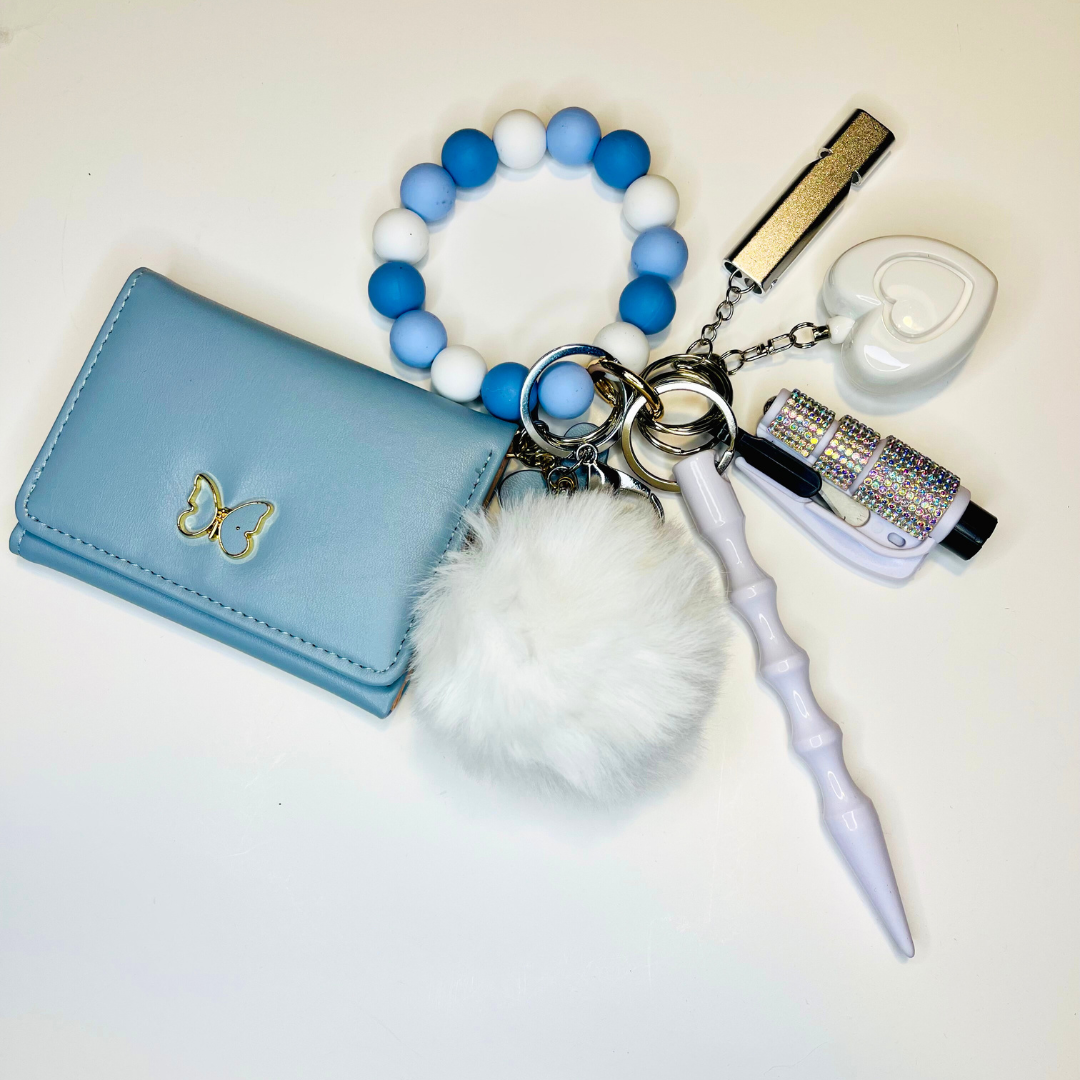 Light Blue Butterfly Beaded Wristlet with Card Wallet Safety Keychain