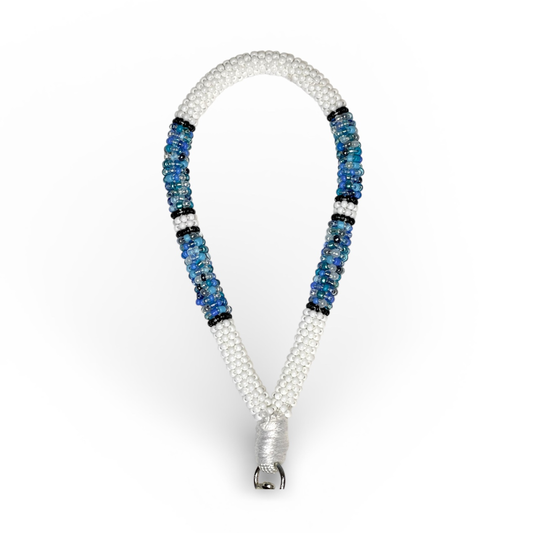 Blue & White Beaded Wristlet Safety Keychain