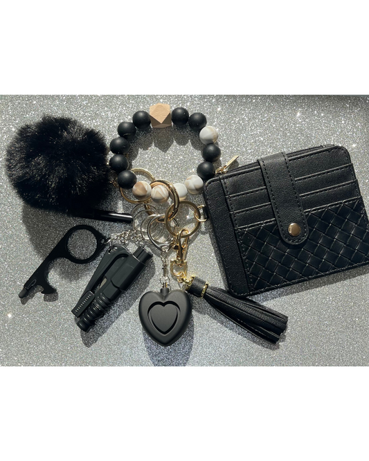 Onyx Loop Beaded Wristlet With Card Wallet Safety Keychain
