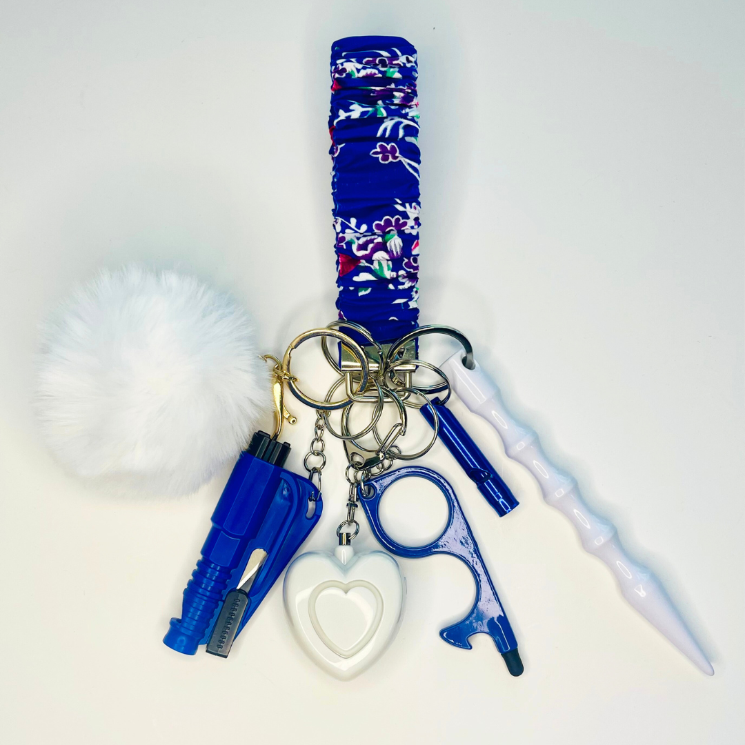 Blue Floral Scrunchie Wristlet Safety Keychain