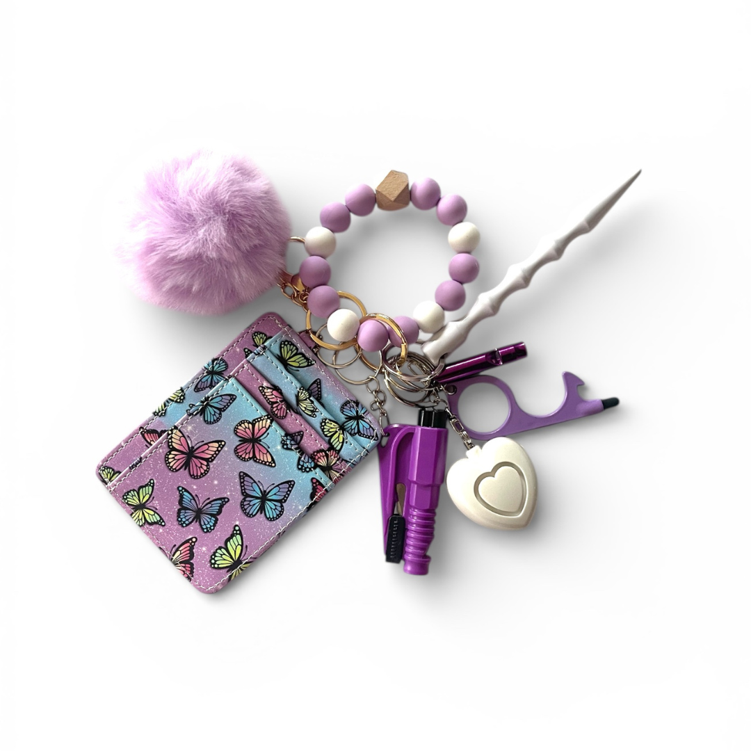 Butterfly Beaded Wristlet with Card Wallet Safety Keychain