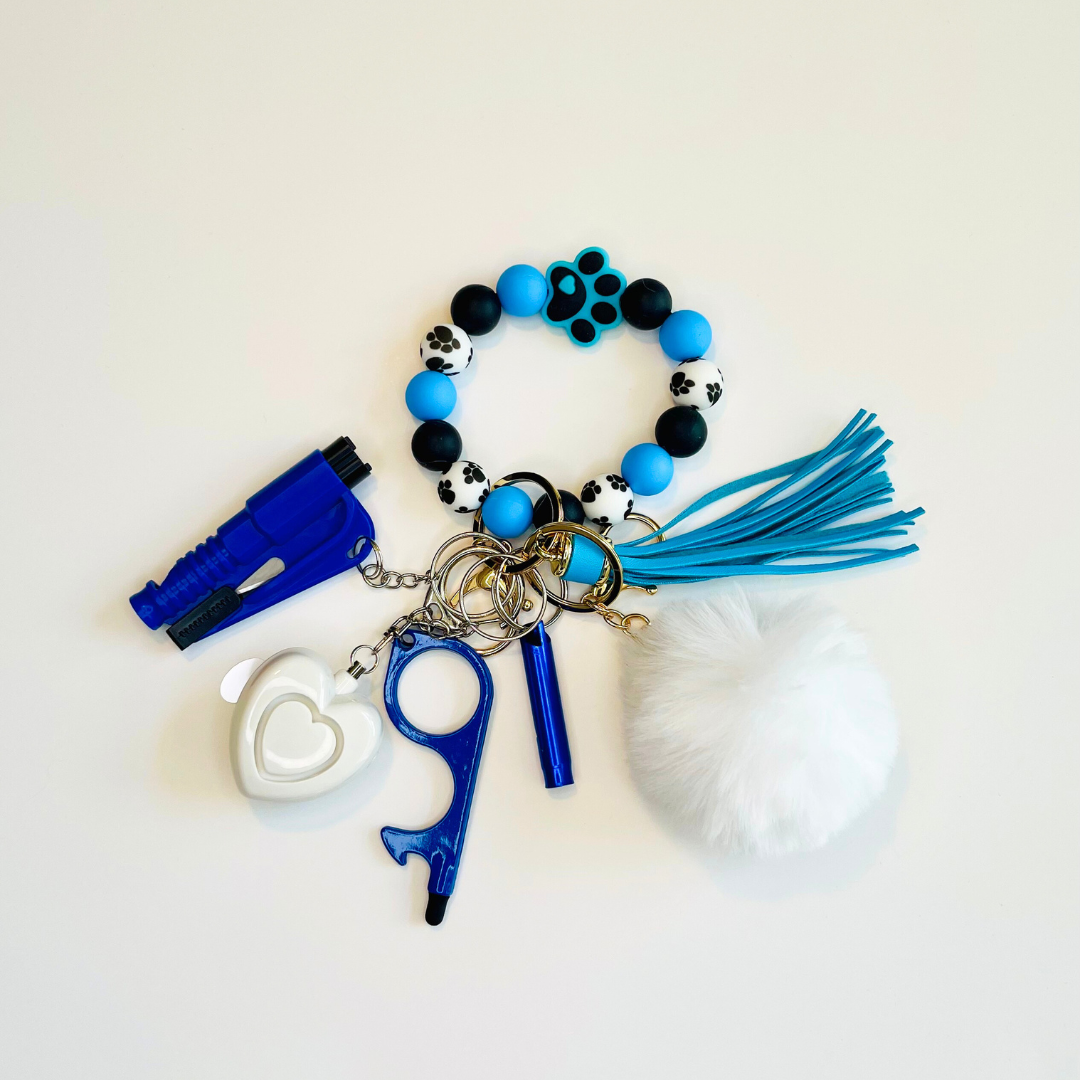 Blue Paw Print Beaded Wristlet Safety Keychain