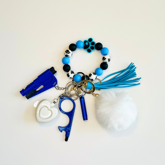 Blue Paw Print Beaded Wristlet Safety Keychain