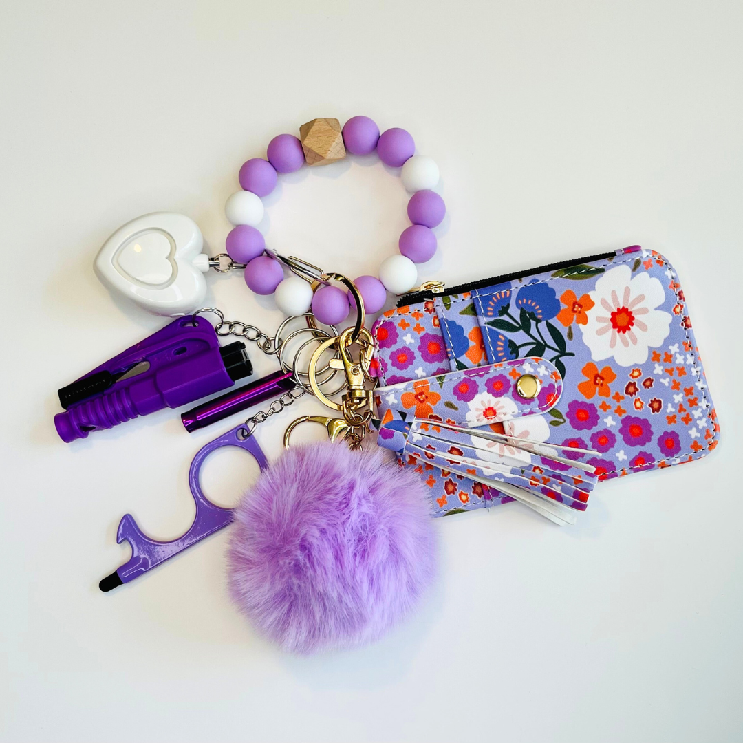 Violet Bloom Beaded Wristlet with Card Wallet Safety Keychain