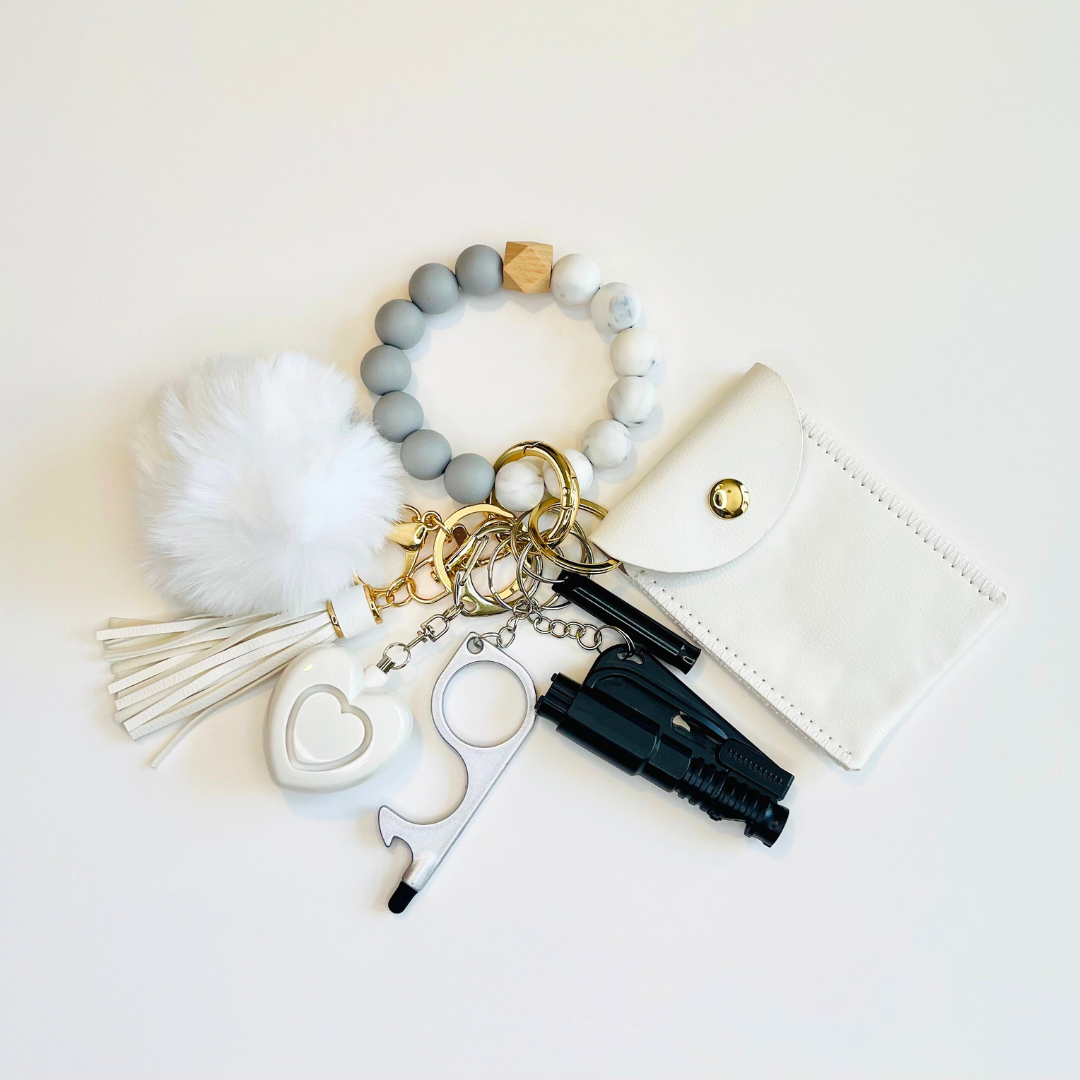 Ivory Beaded Wristlet With Card Wallet Safety Keychain