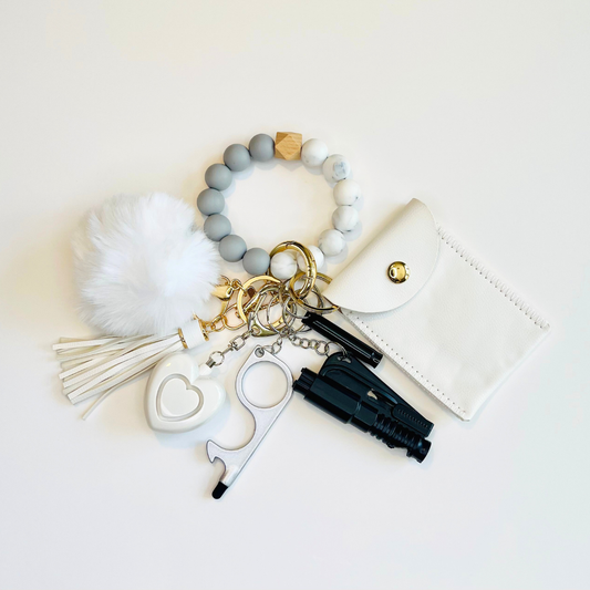 Ivory Beaded Wristlet With Card Wallet Safety Keychain