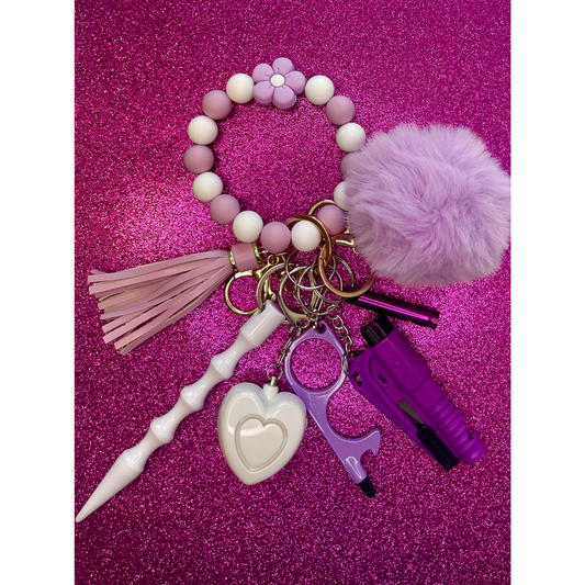 Lavender Flower Beaded Wristlet Safety Keychain