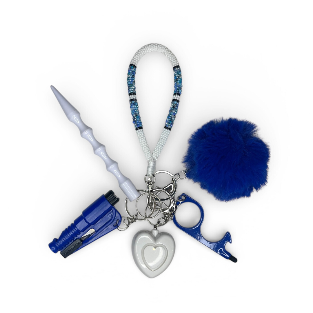 Blue & White Beaded Wristlet Safety Keychain