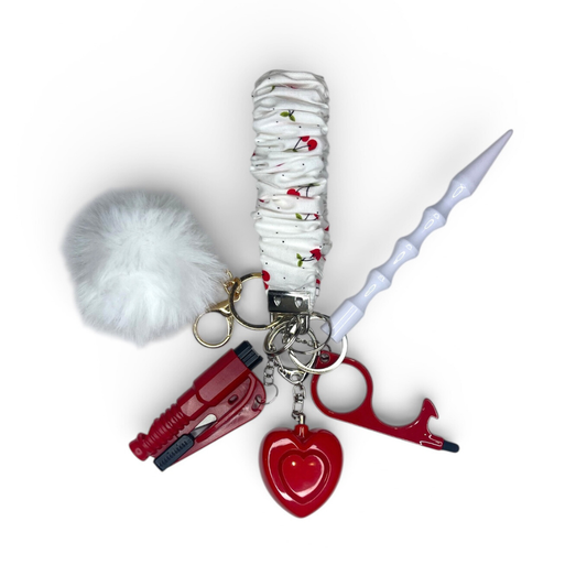 White & Red Cherries Scrunchie Wristlet Safety Keychain