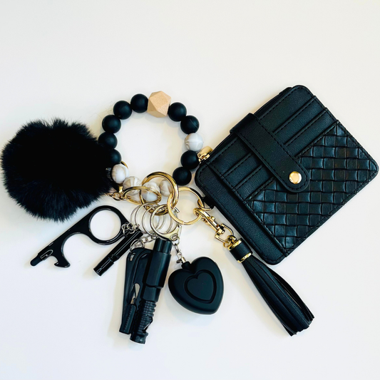 Onyx Loop Beaded Wristlet With Card Wallet Safety Keychain