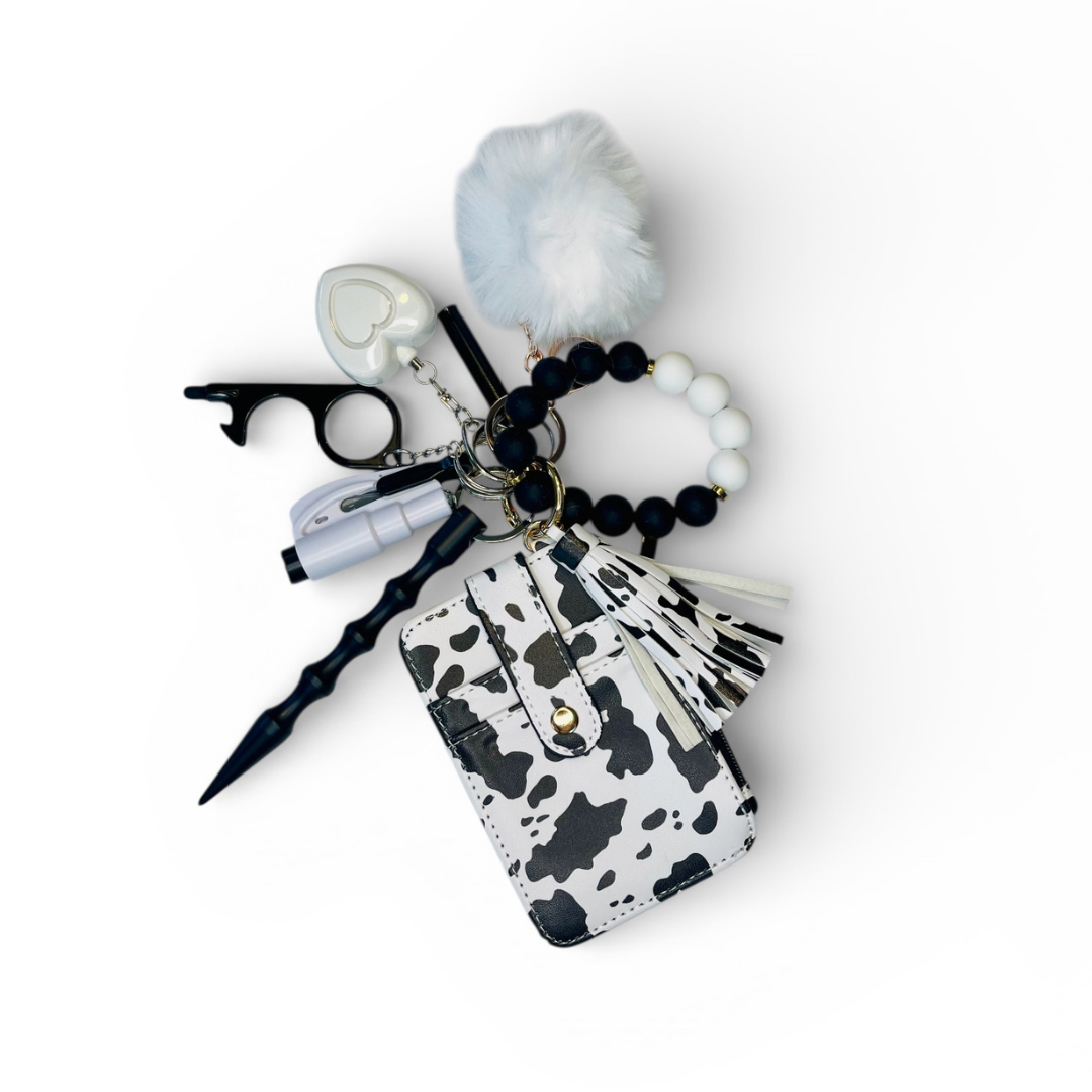 Cow Print Beaded Wristlet with Card Wallet Safety Keychain