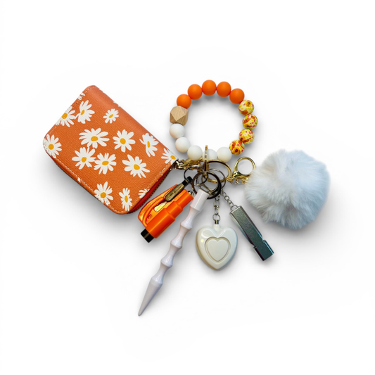 Orange and White Daisy Wristlet with Card Wallet Safety Keychain