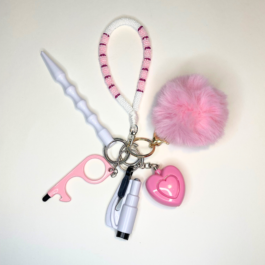 Pink & White Beaded Wristlet Safety Keychain