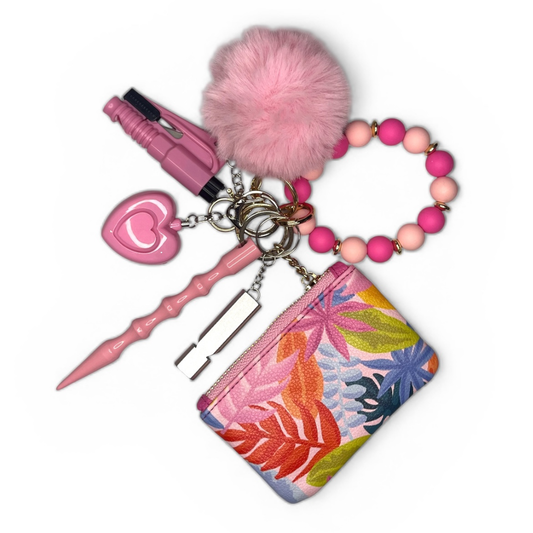 Pink Paradise Beaded Wristlet with Coin Wallet Safety Keychain