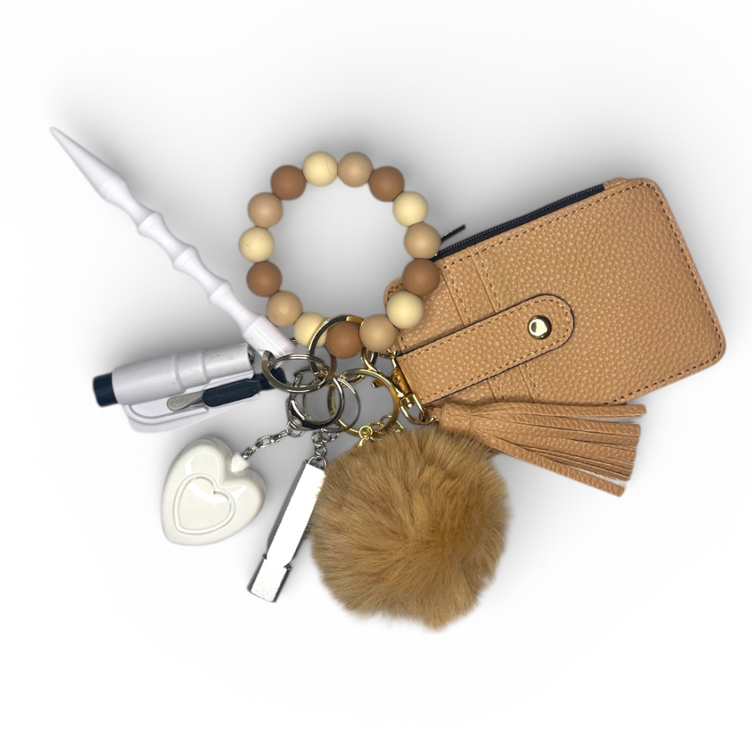 Khaki Beaded Wristlet with Card Wallet Safety Keychain