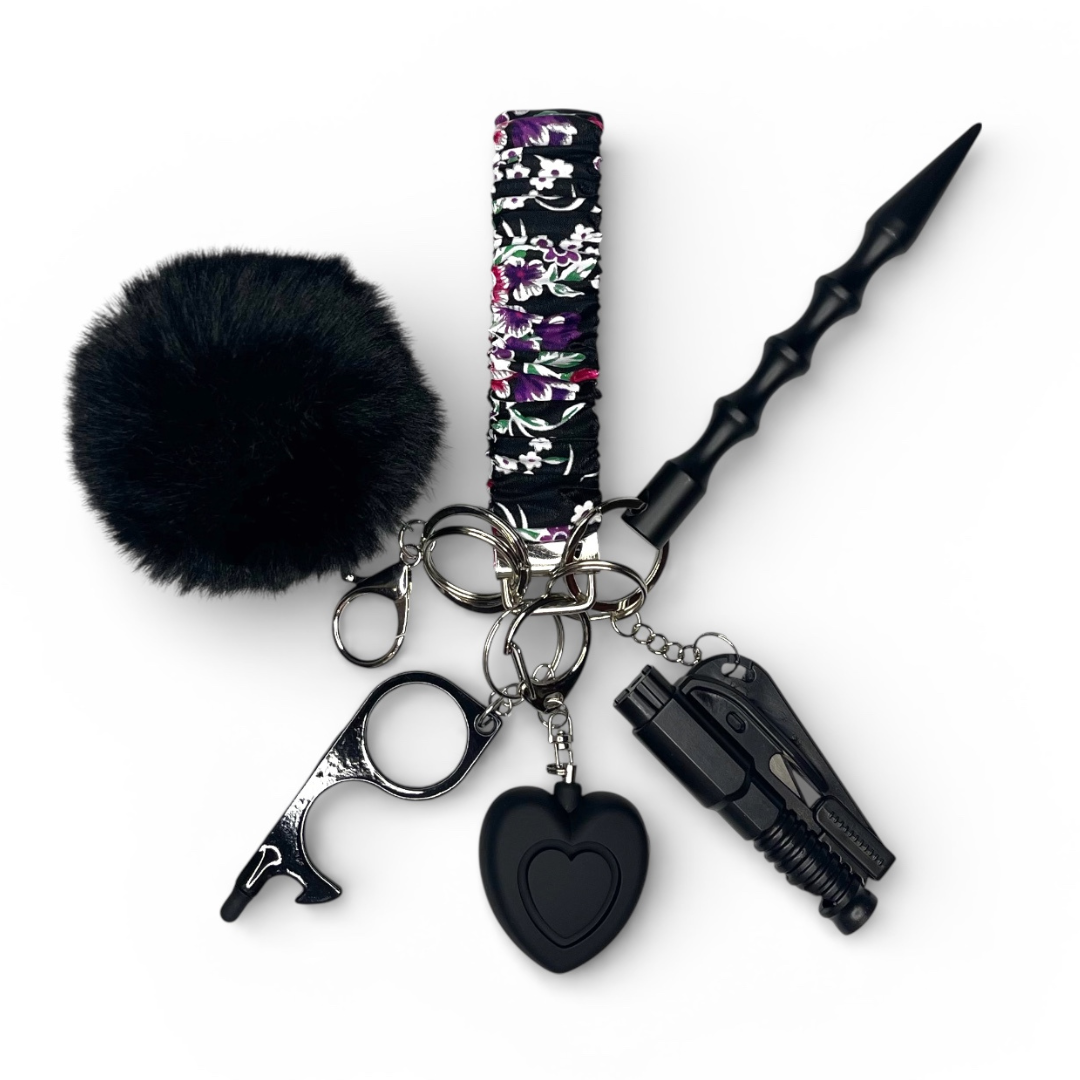 Black Floral Scrunchie Wristlet Safety Keychain