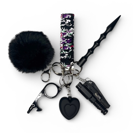 Black Floral Scrunchie Wristlet Safety Keychain