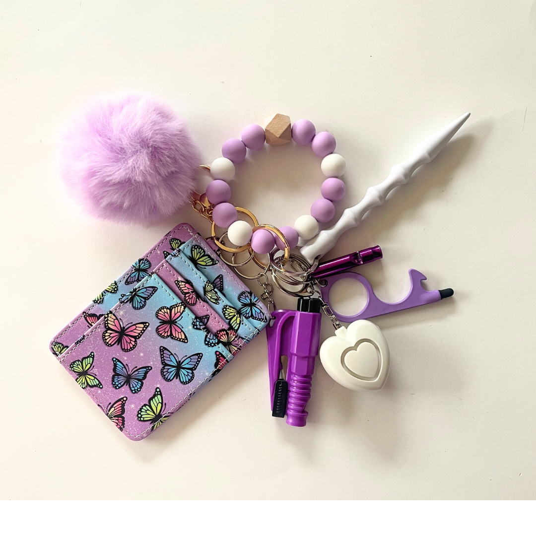 Butterfly Beaded Wristlet with Card Wallet Safety Keychain