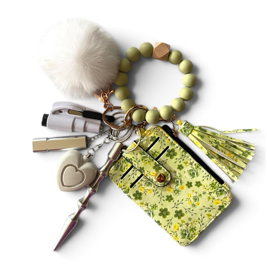 Sage Garden Beaded Wristlet with Card Wallet Safety Keychain