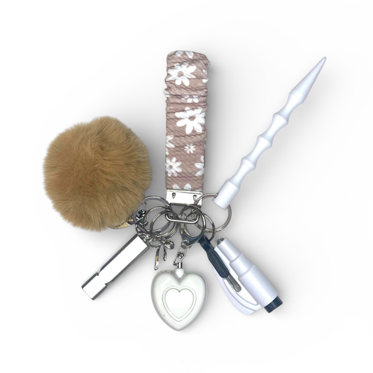 Tan Floral Scrunchie Wristlet Safety Keychain