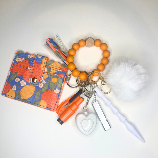 Orange Fruit Beaded Wristlet with Card Wallet Safety Keychain