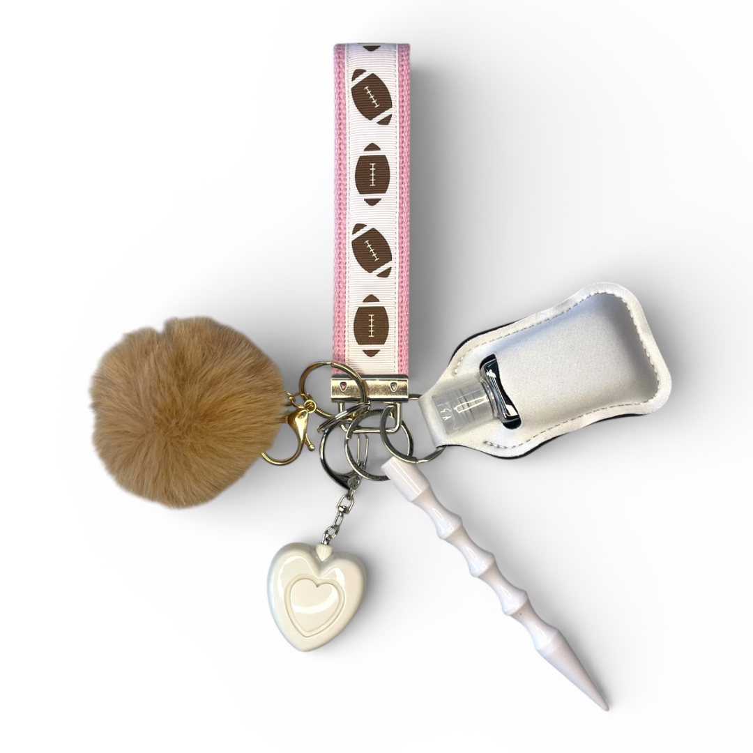 Pink and Brown Football Wristlet Strap Mini Safety Keychain