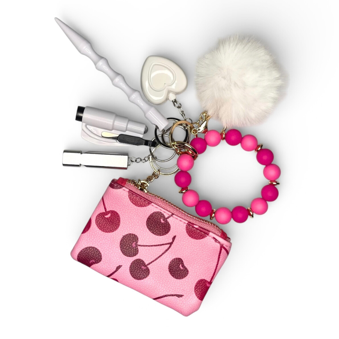 Cherries Beaded Wristlet with Coin Wallet Safety Keychain