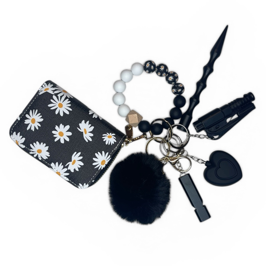 Black and White Daisy Wristlet with Card Wallet Safety Keychain