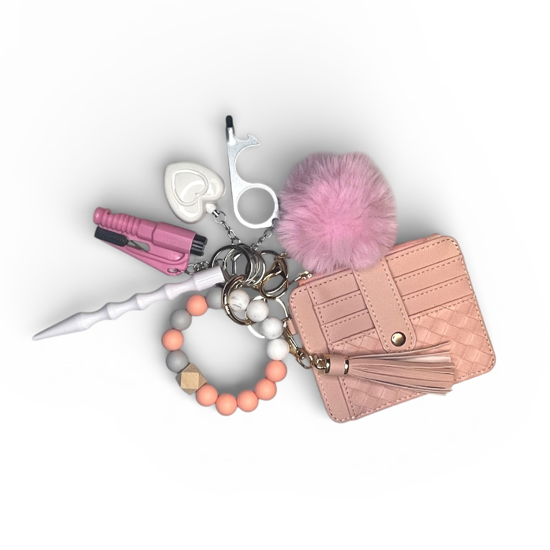 Pink Beaded Wristlet with Card Wallet Safety Keychain