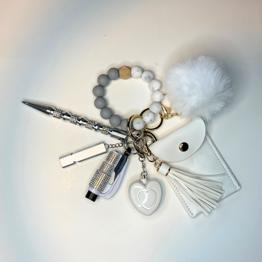 Ivory Beaded Wristlet With Card Wallet Safety Keychain