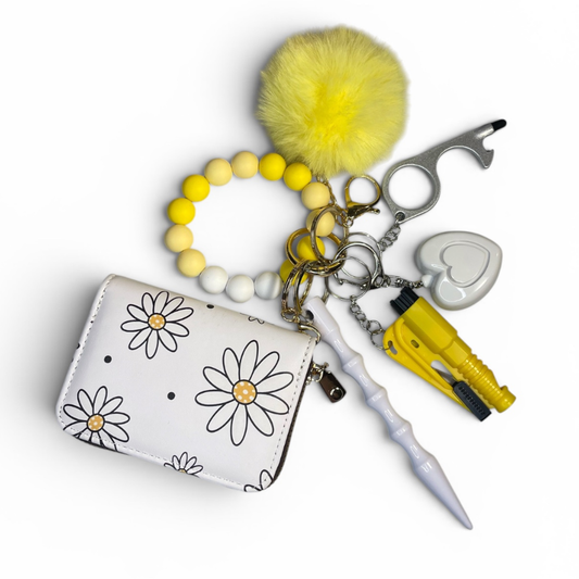 Daisy Delight Beaded Wristlet with Card Wallet Safety Keychain